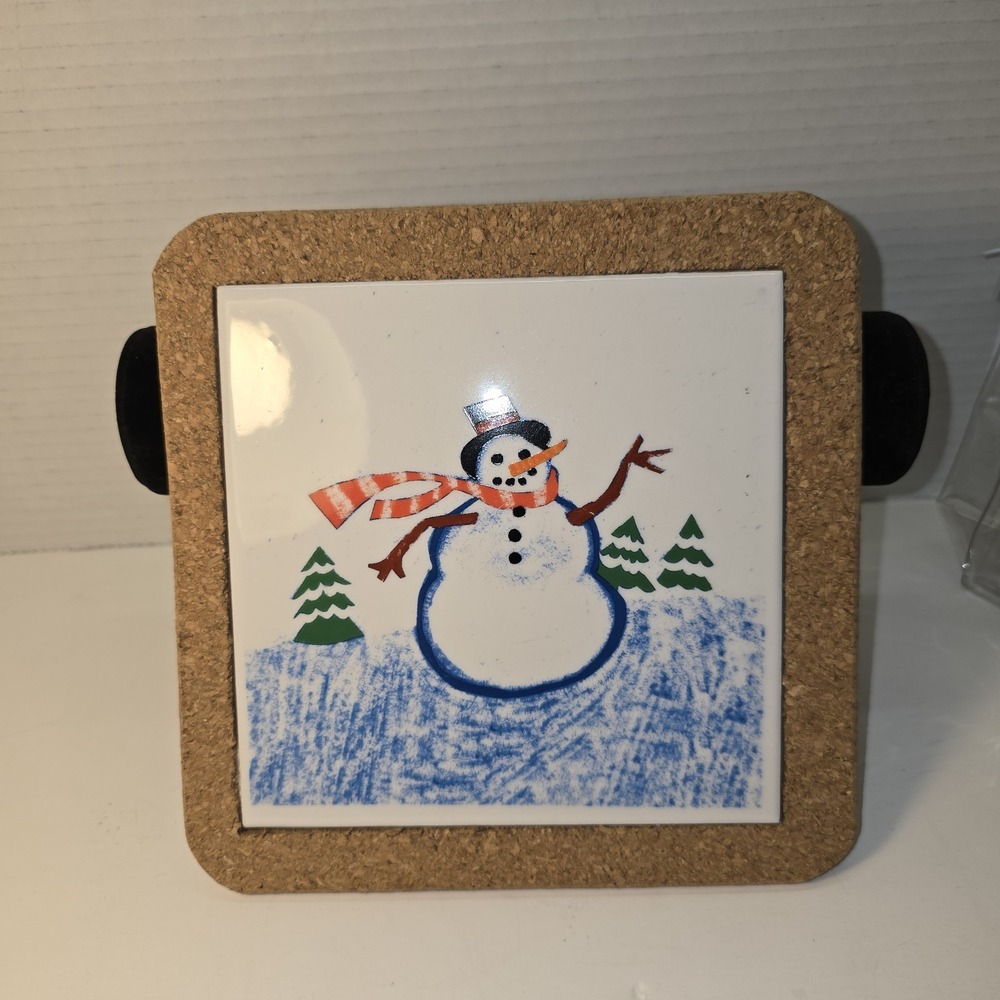 Ceramic Tile Trivet Cork Back Snowman Winter Holiday Decor 7.5 x 7.5 Inches